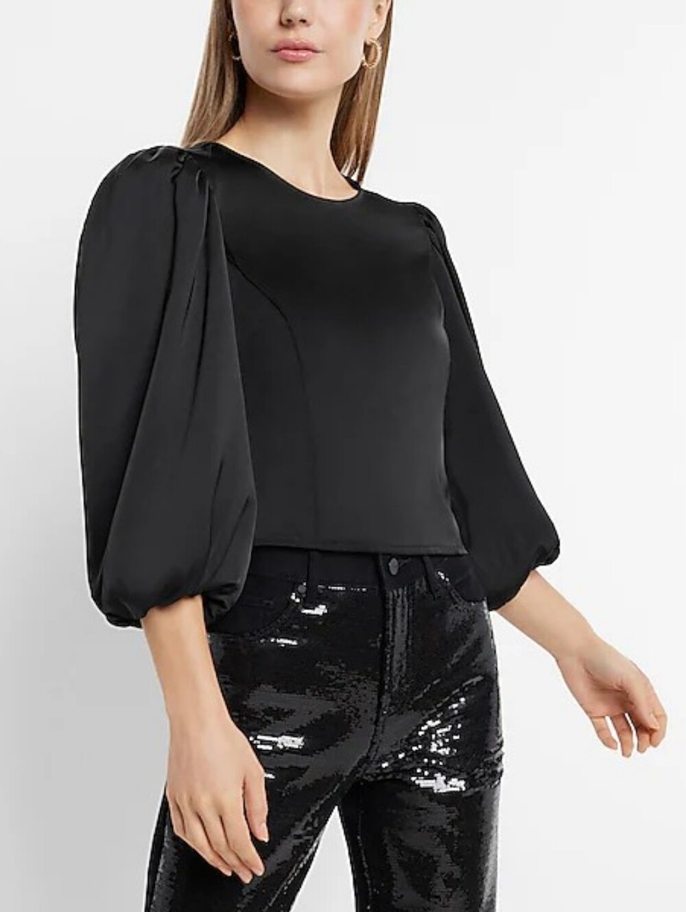 Express Black Puff-Sleeve Satin Like Blouse